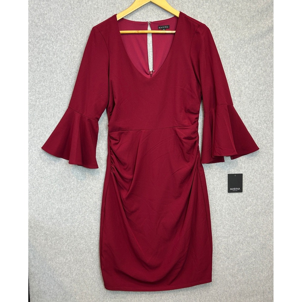 Marina Size 8 Bell Sleeve Sheath Dress Cranberry Red V-Neck Ruched NWT READ!